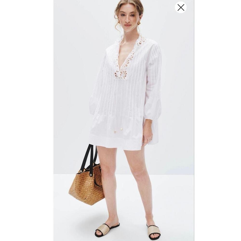 SANDRO White Lace Trim 100% Cotton V-Neck Long Sleeve Mini Dress size US 2/4